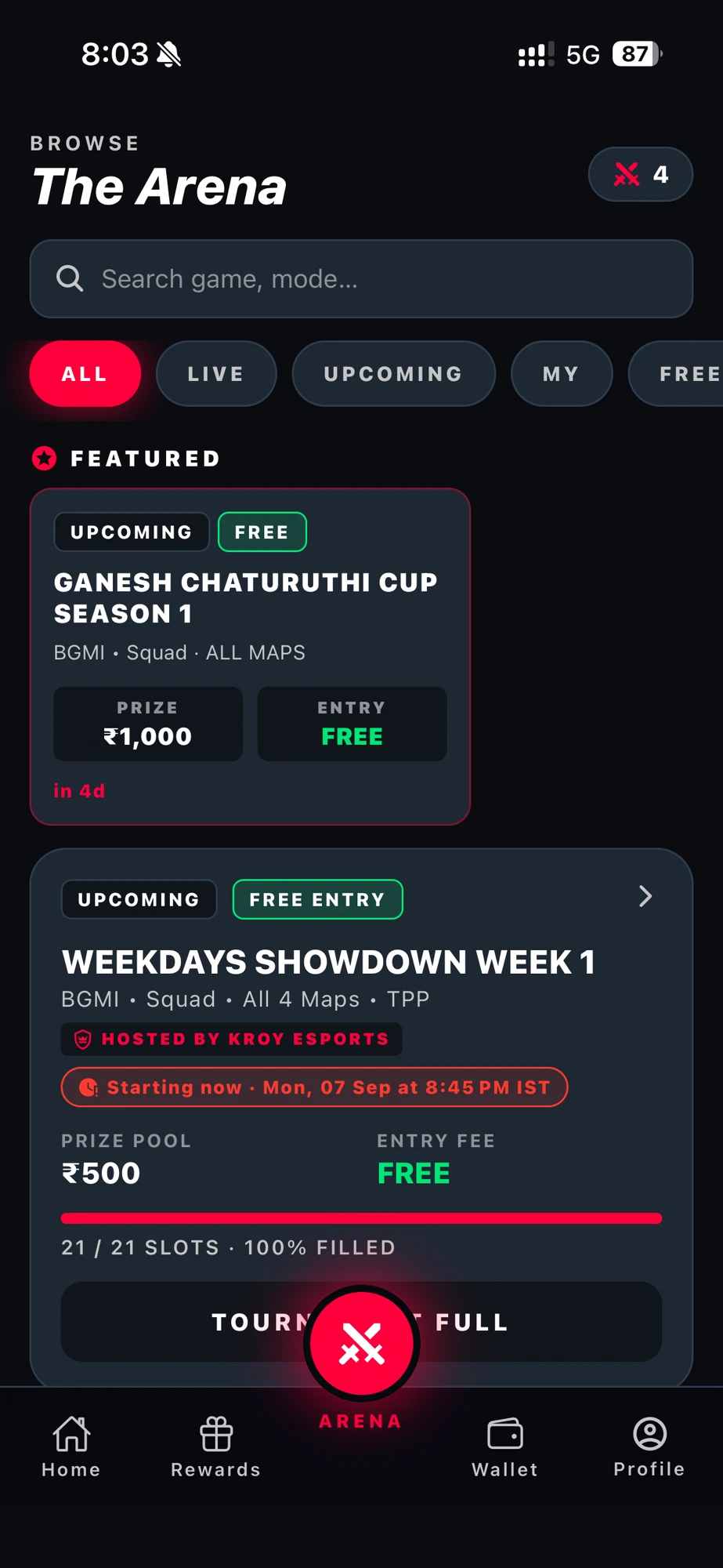 KROY app — The Arena tournament list