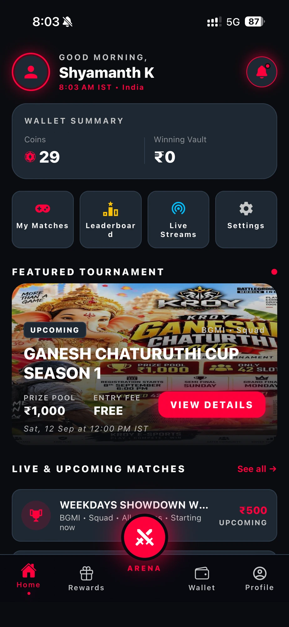 KROY app — Home with featured tournament