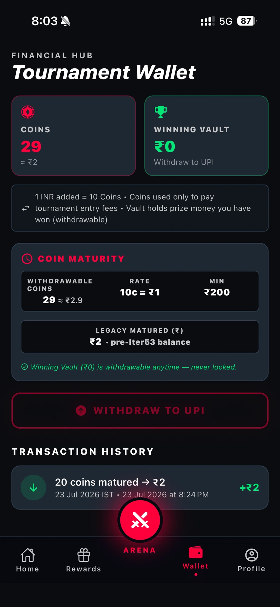KROY app — Tournament Wallet with Winning Vault
